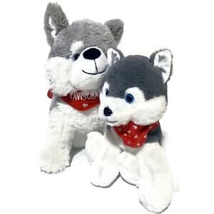 Husky Dog Plush Stuffed Animal Lot of Two Gray and White 16 & 12 Inches Tall